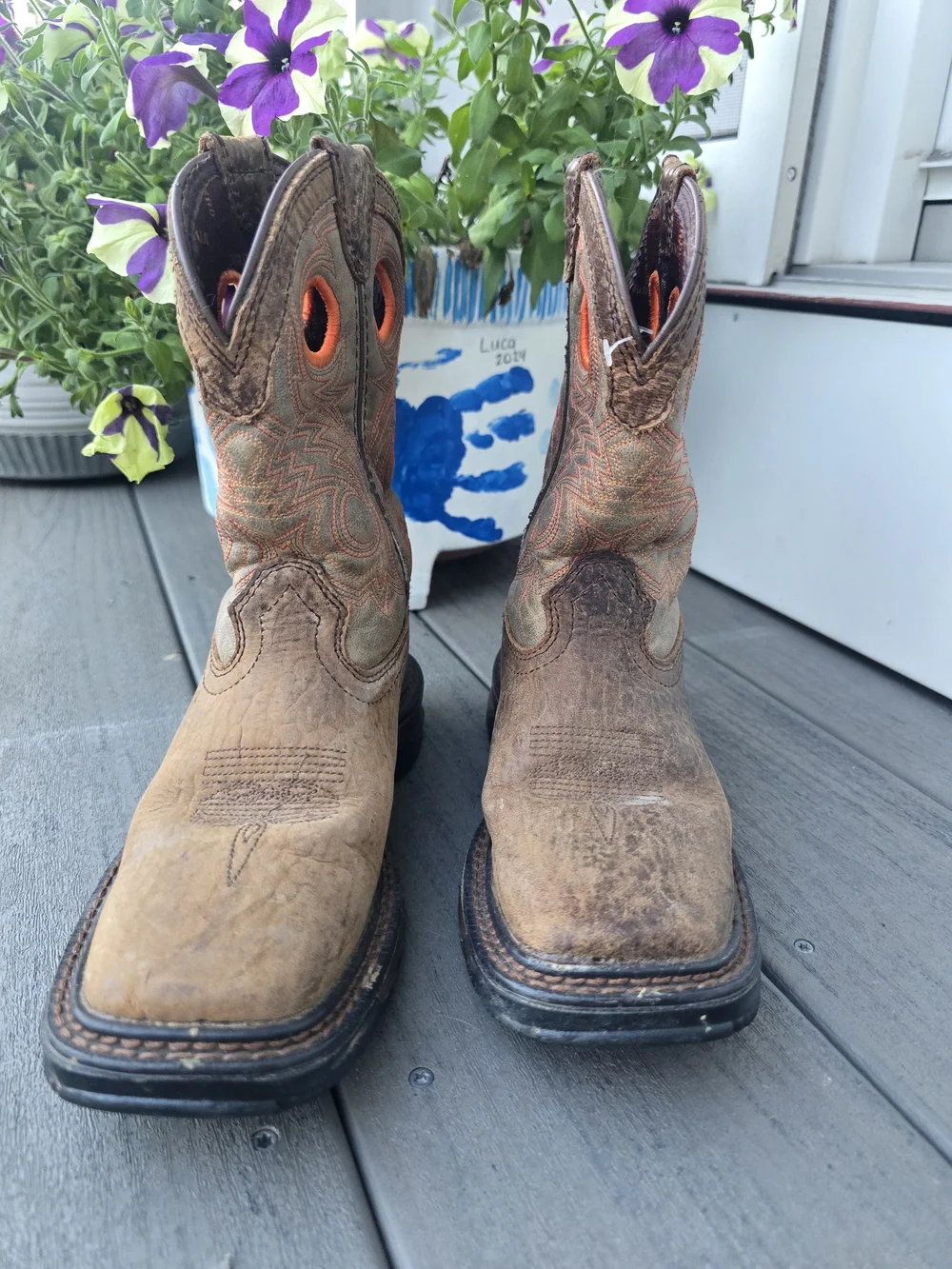 Durango Brown Kids Western Boots with Orange Pull Holes Size 1M